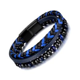 Blue Fashion Personality Tiger Eye Stone Beaded Handmade Multi-layer Woven Leather Bracelet For Mens Women 14mm 8.26inch