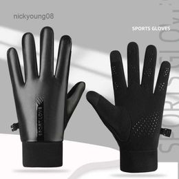 Fingerless Gloves Winter Men's Gloves Cycling PU Leather Waterproof Warm Motorcycle Male Touch Screen Gloves Driving Plus Fleece Sports GlovesL231017