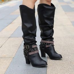 2024 Solid High 400 Boots Women's Shallow Pointed Toe Square Heel Knee-High Women Platform Zapatos De Mujer Leather 32 Knee-