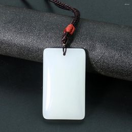 Pendant Necklaces Natural White Polished Stone Necklace For Women Men Rectangle Safey Lucky Tag Amulet Sweater Chain Unisex Jewelry