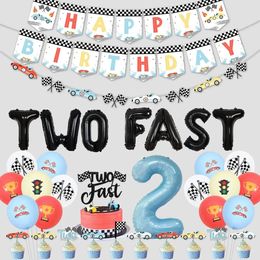 Other Event Party Supplies JOYMEMO Two Fast 2nd Birthday Decorations Retro Race Car Themed Party Supplies for Boys Birthday Banner Cake Topper Balloons Kit 231017