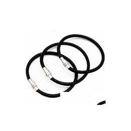 Charm Bracelets 10Pcs/Lot Fashion Mens Stainless Steel Clasp Black Real Leather Charms Bracelets Gift Diy Jewellery Bracelets Dhahw