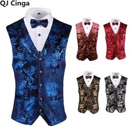 Men's Vests Gold Steampunk Vest Men Suit Gilet Homme Wedding Sleeveless Slim Plus Size Floral Dress Vests for Men Single Buttons Waistcoat 231017