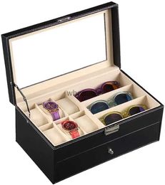 Large 2-Layer Leather Sunglasses and Glasses Case Organizer with lockable jewelry storage Display - Black