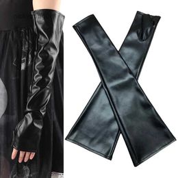 Fingerless Gloves 1pair Black Gothic Punk Sexy Long PU Leather Fingerless Gloves Women Autumn Winter Rock Gloves Mittens Clubwear Dance CosplayL231017