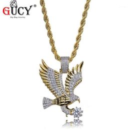 Pendant Necklaces GUCY Hip Hop Eagle Necklace Gold Color Plated Copper All Iced Out Micro Paved CZ Stones Men's Charm Jewelry302r
