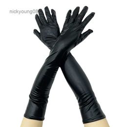 Fingerless Gloves Gold Silver Wet Look Fake Leather Metallic Gloves Evening Party Performance Mittens Women Sexy Elbow Length Long Latex GlovesL231017