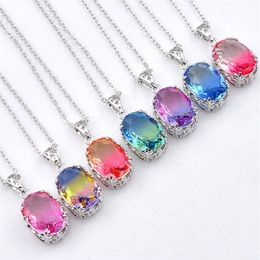 12Pcs Lot Luckyshine Vintage Mix Colour Ellipse Bi Coloured Tourmaline 925 Silver Necklace Women Fashion Cz Pendant Sets- Ship279Q