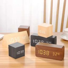 Desk Table Clocks Multicolor Sound Control Wooden Wood Square LED Alarm Clock Desktop Table Digital Thermometer Wood USB/AAA Date Display 231017