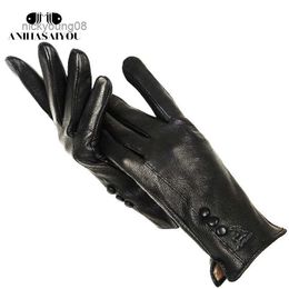 Fingerless Gloves Fashion simple warm women leather gloves real leather women's winter mittens Black buckskin women gloves - 2280L231017