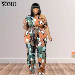 Women's Jumpsuits Rompers Casual Summer Clothes Plus Size Jumpsuit Women Fashion Printed Sexy Slash Neck Romper with Sashes Wolesale DropshippingL231017