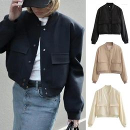 Women's Jackets Women Casual Jacket Long Sleeves Stand Collar Button Drop Shoulder Large Pocket Short Coat Ladies Bomber Cropped Outwear