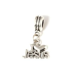 MIC 50pcs lot Dangle Ancient silver I Love Jesus Religious Charm Big Hole Beads Fit European Charm Bracelet Jewelry 2216V