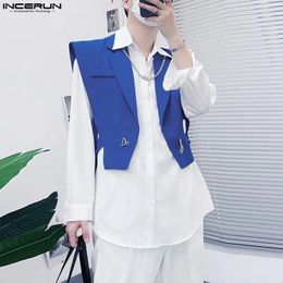 Men's Vests INCERUN Men Vests Solid Button Sleeveless Streetwear Lapel Hollow Out Fashion Crop Waistcoats Men Irregular Vests S-5XL 231017