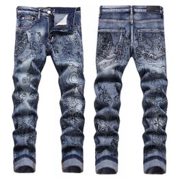 Men Jeans Letter Star AM tiny spot Men Embroidery Patchwork Ripped Sexy Romantic Wild Motorcycle Pant Mens AM3381-00 size 29-38