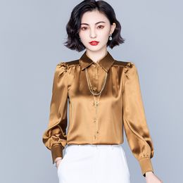 2023 Designer Gold Satin Shirts for Woman Puff Sleeve Vintage Button up Silk Shirt Long Sleeve Lapel Runway Casual Versatile Blouses Office Ladies Formal Solid Tops