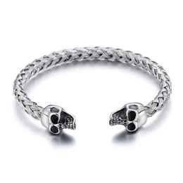 Silver Stainless Steel Cuff bangle Biker double skull head End Open Bracelet knot Wire chain284S