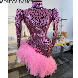 Sexy Shining Rose Pink Mirrors Sequins Dress Evening Party Wear Singer Birthday Celebrate Dance Casual Dresses182I