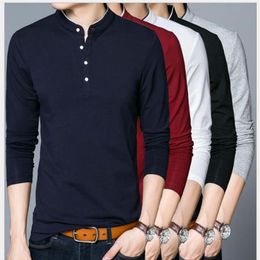 Men's T-Shirts Spring Autumn New Cotton T Shirt Men Solid Colour Tshirt Mandarin Collar Long Sleeve Top Tees295E