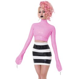 Sexy Crop Tops Full Sleeve with Finger High Neck Slim Skinny Leather Pvc Short Shirts Vinyl Sexy Top with Lock Key Club NightAnime Costumes