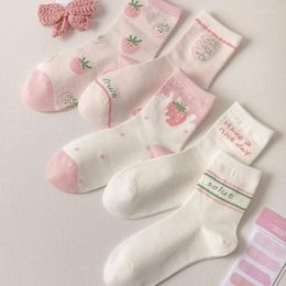 Women Socks Spring Summer Female Pink Middle Tube Short Crew Kawai Strawberry Milk Student Cute Print Girl Gift