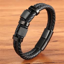 Men Fashion Knitted Bracelets Multi-layer Braided 316L Stainless Steel DIY Beaded Black Leather Cord Bracelet Hip Hop Bangle Jewel2528