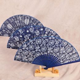 Wedding Favours Gift Printing Flower Blue Cloth Folding Hand Craft Fan Classical Chinese Craft Party Gifts