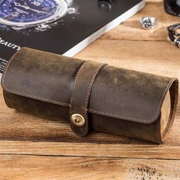 Jewelry Pouches 3 Slots Genuine Leather Watch Roll Travel Case Portable Vintage Horse Display Watch Storage Box Organizers258B