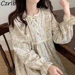 Women's Sleepwear Floral Midi Nightgowns Women Vintage Loose Fashion Korean Style Long Sleeve Casual Sweet Tender Comfort Homewear Students