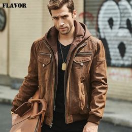 Men's Leather Faux Leather Flavour Men's Real Leather Jacket with Removable Hood Brown Jacket Genuine Leather Warm Coat For Men 231016