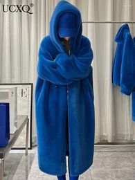 Women's Fur UCXQ Autumn 2023 High Quality Long Oversized Warm Thick Blue Fluffy Faux Coat Women With Hooded Jacket Female 23A2398