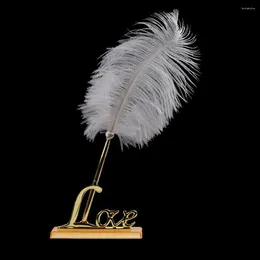 Party Decoration White Feather Signing Pen With Gold Plated Metal Love Holder For Wedding Guest Book Meeting Office Present Events Table