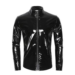 Men's Jackets S-7XL Plus Size Mens Sexy Shiny Wetlook Latex Leather Shirt Zipper Nightclub Stage Coat Male Long Sleeve PVC Leather Jacket Tops 231013