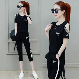 Women's Two Piece Pants Casual Suit Summer 2023 Loose Sports Clothes Korean Short Sleeve T-shirt Capris Pencil Set For Women