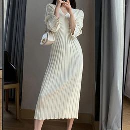 Casual Dresses Winter White Knit Dress Woman V-neck Elegant Retro Sweater Vestido Women Korean Long-sleeve Wool Clothing Fall