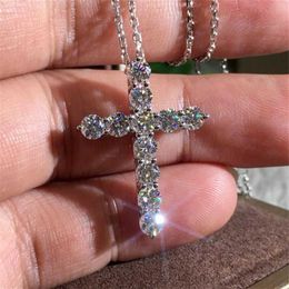 Brand Luxury Jewellery 925 Sterling Silver Full Round Cut Topaz CZ Diamond Cross Pendant Party Popular necklaces for Women Clavicle 311H