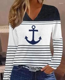 Women's T Shirts 2023 Autumn Winter Spring Fashion Casual Anchor Print Striped Colorblock Vneck Long Sleeve Top Female T-Shirts Pullover