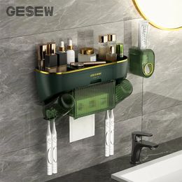 Toothbrush Holders GESEW Multifunctional Toothbrush Holder 2 Cups Automatic Toothpaste Dispenser With Drawer Towel Rack Bathroom Accessories Sets 231013