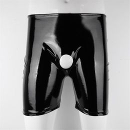 Women's Panties Black Mens Shiny Patent Leather Shorts Wetlook Open Penis Hole Crotchless Boxer Glossy Elastic Waistband Pant290g