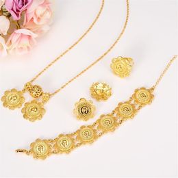 NEW Ethiopian Coin Sets Jewelry With 24k Real Yellow Solid Gold GF Pendant Necklace Earrings Ring Bracelet Bridal Wedding Women213O