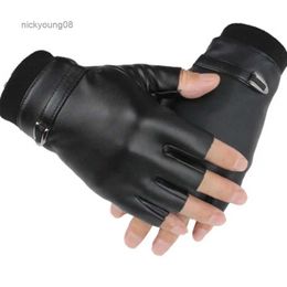 Fingerless Gloves Women Black PU Leather Fingerless Gloves Solid Female Button Warm Outdoor Half Finger Driving Men Motor Punk Thick GlovesL231017