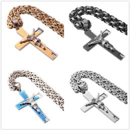 Hip-hop 316L Stainless Steel Cross Jesus Crucifix Men's Boy's Pendant Necklace Byzantine Chain 18-40inch High Quality Ch256v