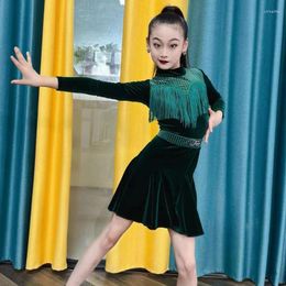 Stage Wear Green Long Sleeved Ballroom Dance Dress Girls Velvet Latin Kids Samba Rumba Clothing Performance DWY9467