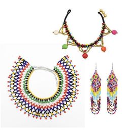 Earrings & Necklace Bohemian Ethnic Style Fashion Charm Jewelry Sets African Tribal Colorful Resin Bead Long Tassel Choker Anklet330N