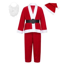 Clothing Sets Kids Boys Santa Claus Costume Suit Plush Father Fancy Clothes Xmas Cosplay Props Childs Coat Pants Beard Belt Hat Christmas Set 231017