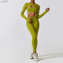 Women's Tracksuits Sportswear Yoga Set Women's Workout Clothes Athletic Wear Sports Gym Legging Seamless Fitness Bra Crop Top Long Sleeve Yoga SuitL231017