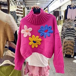 Women's Sweaters OCEANLOVE Turtleneck Flowers Women Korean Fashion Sweet Vintage Short Pull Femme Autumn Winter Elegant Pullovers