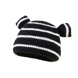 Winter Kids Beanie Hats Children Thicker Beanies Lovely Bear Ears Knitted Striped Cap Girls Boys Fleece-lined Warmer Bonnet Casual Cap