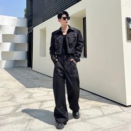 Men's Tracksuits 2023 Autumn Open Line Jacket Straight Wide Leg Pants Two Piece Set Black Fashion Korean Style Male Suit Casual Clothes