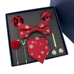 Neck Ties 8pcs Gift Box Set For Men Bowtie Necktie Square Towel Cufflinks Brooch Tie Clip Suit Accessories Wedding Red Mens Tie Cravat Set 231013